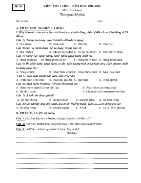 Kiểm tra 1 tiết  Năm học 2015 - 2016 môn Tin học 6